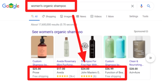 Google Shopping results for women's organic shampoo showing prices, brands, free shipping labels and review stars